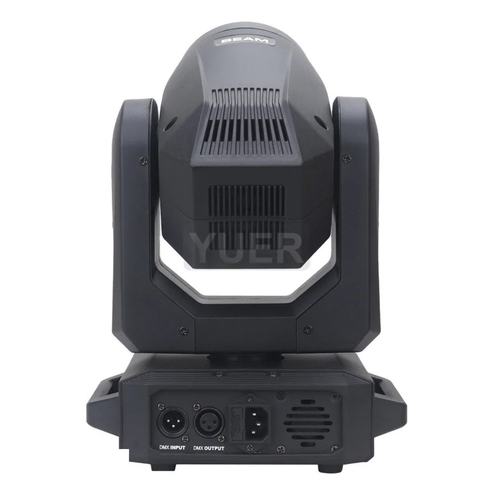 LED moving head light showing rear vent and input/output ports on the base