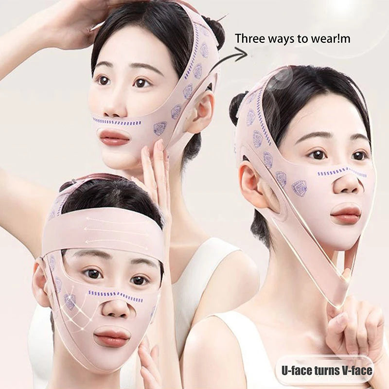 Double-deck face slimming bandage and V-line lifting strap for double chin reduction and facial contouring.