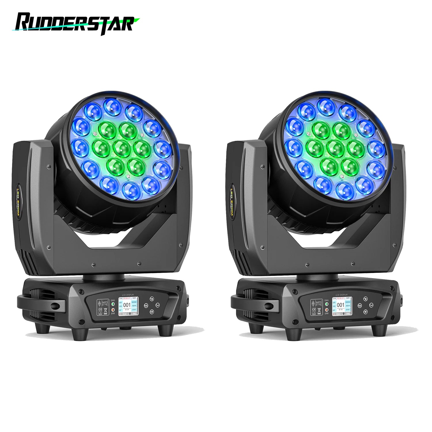 Black moving head LED stage light with circular RGBW panel and adjustable base