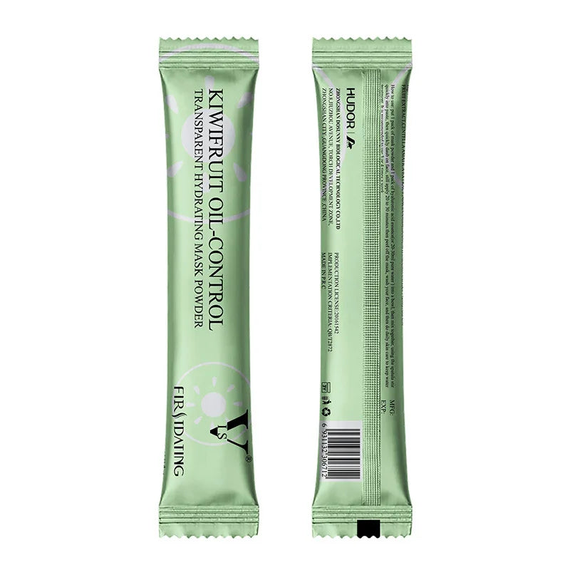 Front and back of a slender, light green foil packet of Kiwifruit Oil-Control facial mask powder.