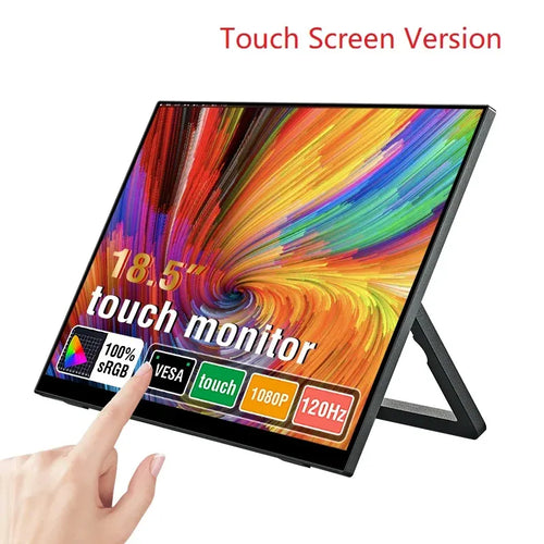 18.5-inch portable touch monitor with kickstand, front view, colorful touch screen