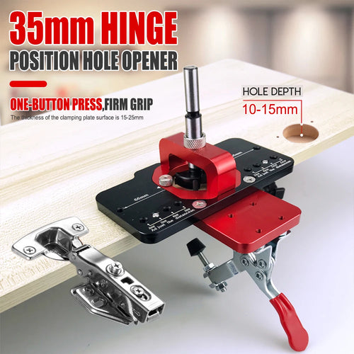 35mm concealed hinge position hole opener jig with red clamp base and black guide plate