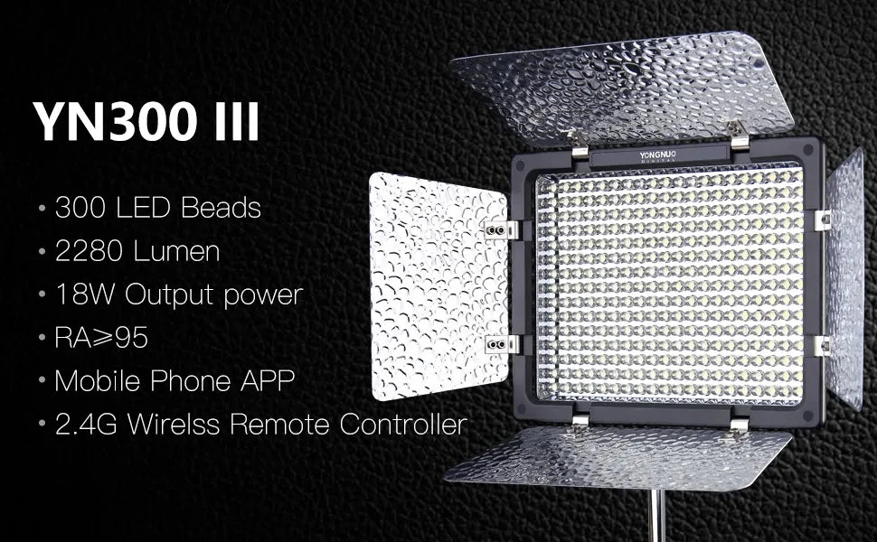 YN300 III square black LED video light with silver barn doors for studio and photography lighting.