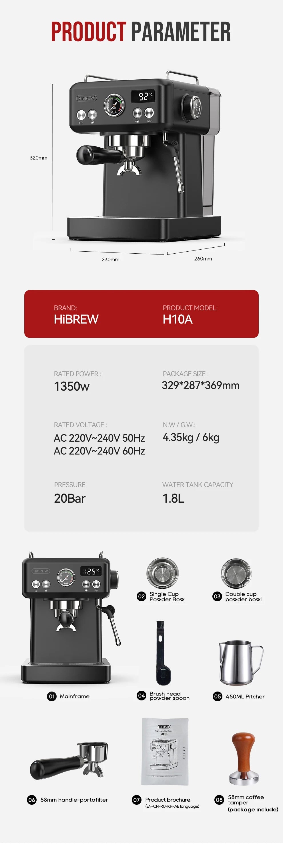 HiBREW H10A black espresso machine, 20-bar pressure, 1.8L tank, 58mm portafilter, and accessories included.