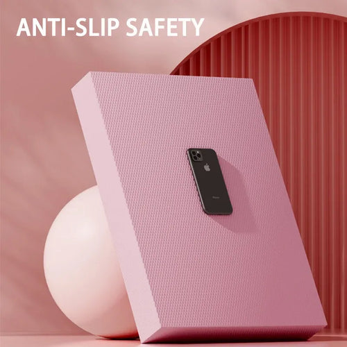 TPE Yoga Balance Mat 6cm, side view of thick cushioned smart yoga mat for core training and plank exercises in pink.