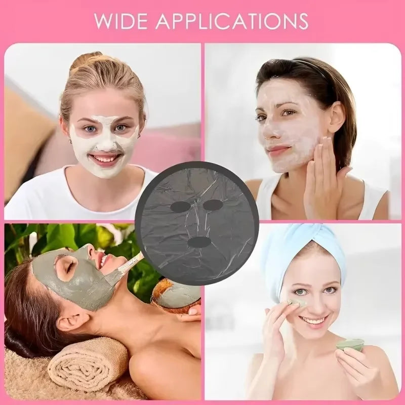 Collage of women using clear plastic film masks over facial skincare treatments.