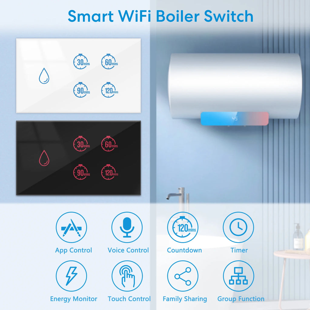 RiooCubee Tuya Smart Life 20A Boiler Water Heater Touch Panel Switch Countdown Remote Control Timer Google Assistant Alexa