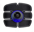 Black EMS muscle stimulator pad with a circular blue digital controller displaying intensity level 19 for abdominal use.