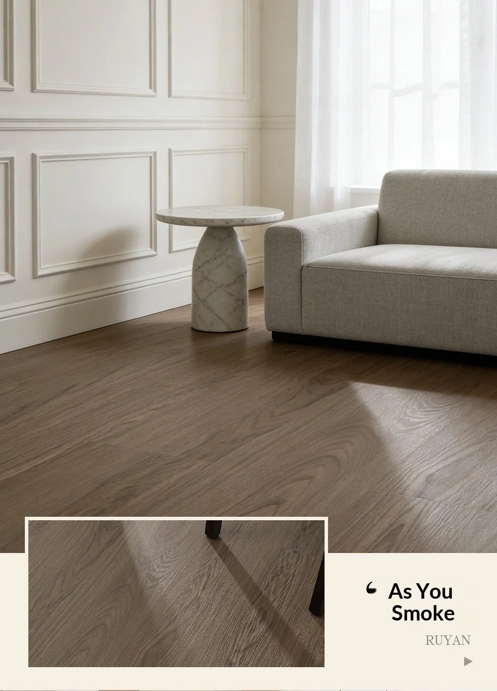 Wood-look SPC flooring with dark and light plank textures shown in inset close-up