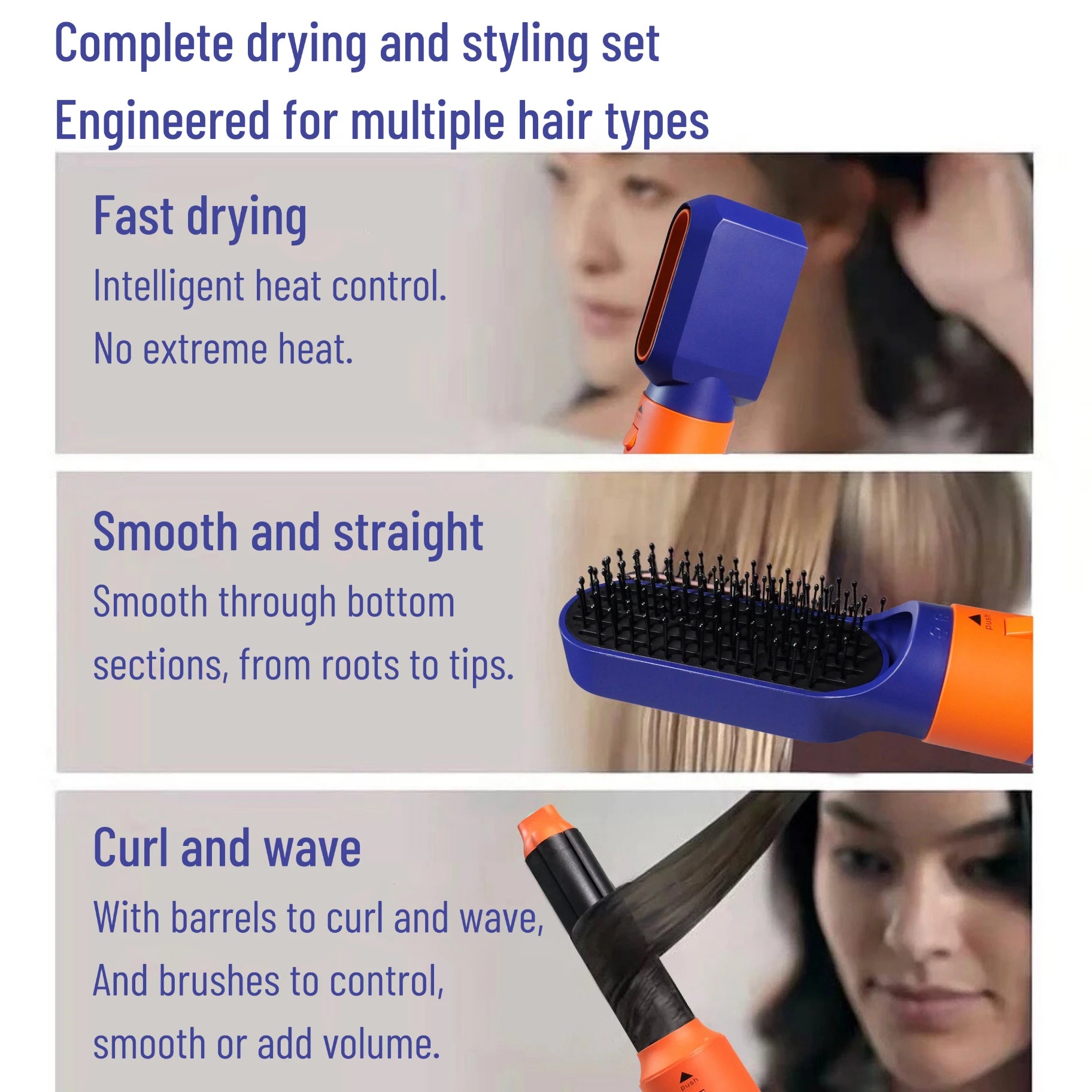 6-in-1 hair styler in blue and orange with dryer, straightening brush, and curling barrel attachments for smooth hair.