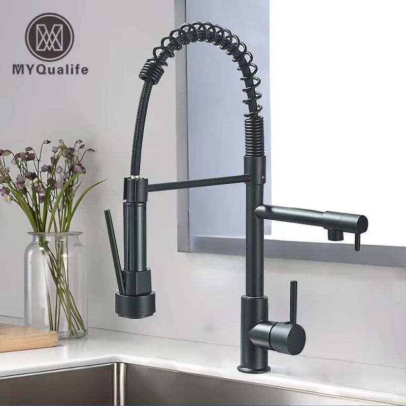Pull Down Kitchen Sink Faucet Hot Cold Water Mixer Crane Tap with Dual Spout 360 Rotation Deck Mounted
