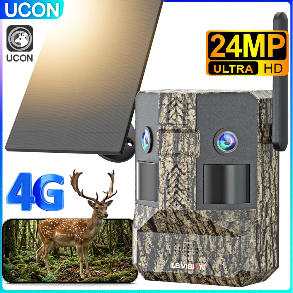 UCON 24MP 4G Solar Trail Camera Dual Screen Outdoor Cellular Trail Camera Dual PIR AI Animal Detection 0.2s Triggered Wildlife