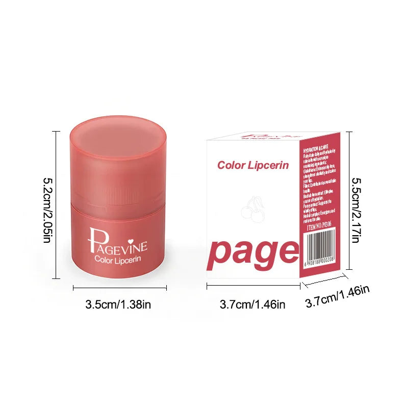 Trending Pagevine moisturizing tinted lip balm in a coral twist-up jar with matching product packaging.