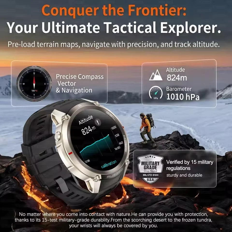 New Rugged GPS Sport Smartwatch 1.43" AMOLED Screen 5ATM Waterproof Offline Map Compass 500mAh Smart Watch for Men Android iOS
