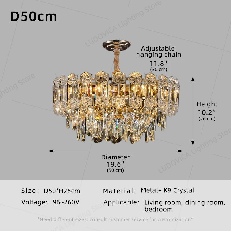 Modern Crystal LED Chandelier for High Ceilings - Adjustable Light D50CM Tidesmit