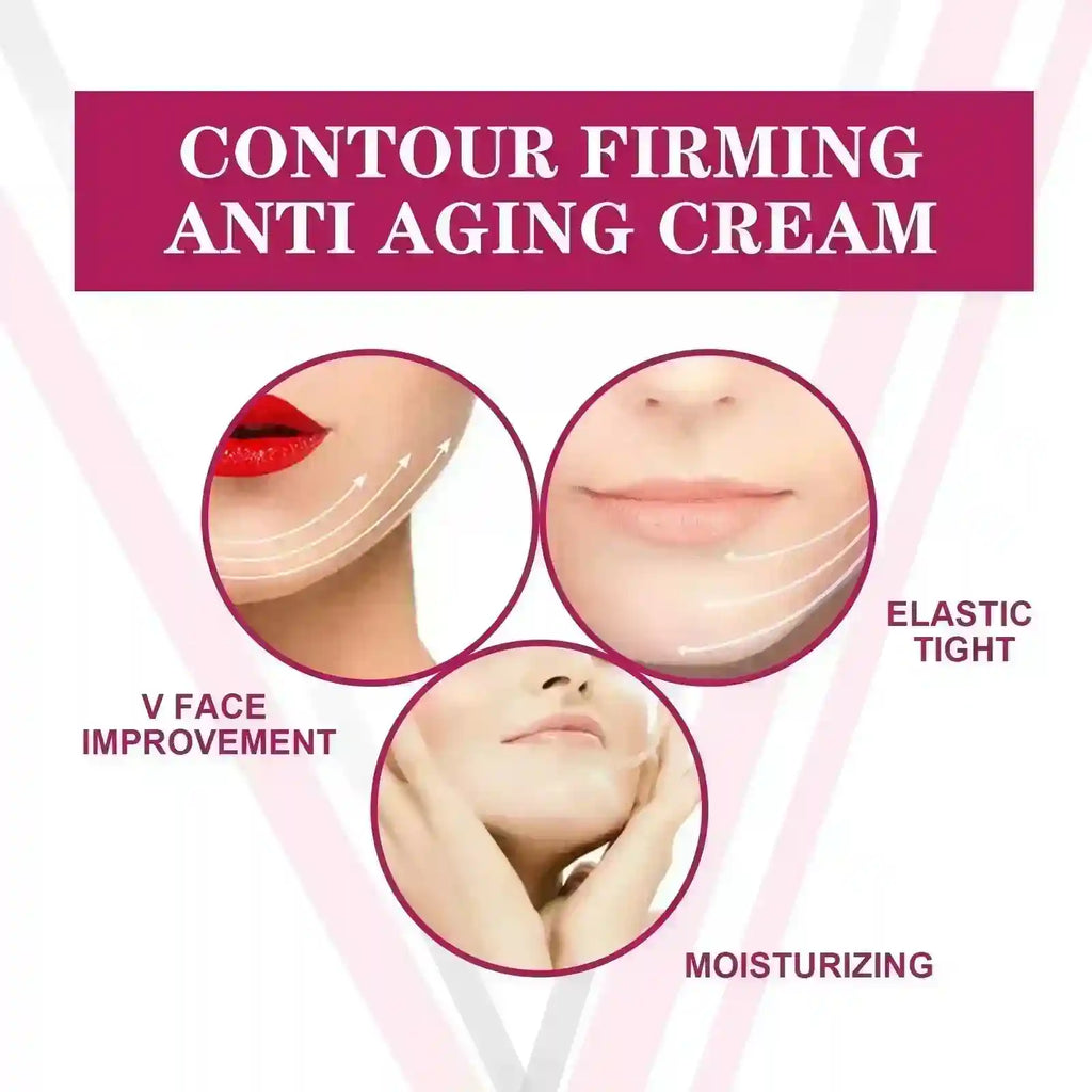Promotional graphic for contour firming cream featuring three circles showing face-lifting effects and lifting arrows.