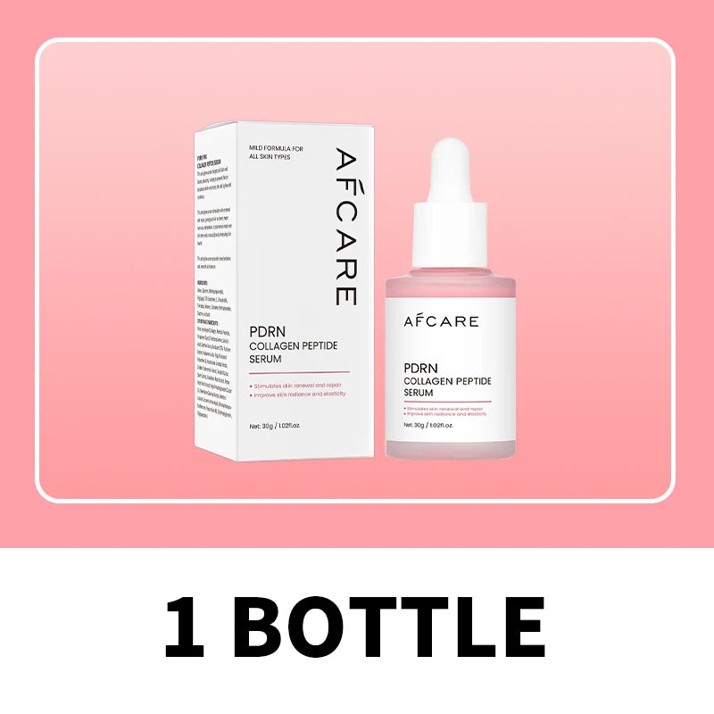 AFCARE PDRN Collagen Peptide facial serum in a pink glass dropper bottle with white box for skin renewal and elasticity.
