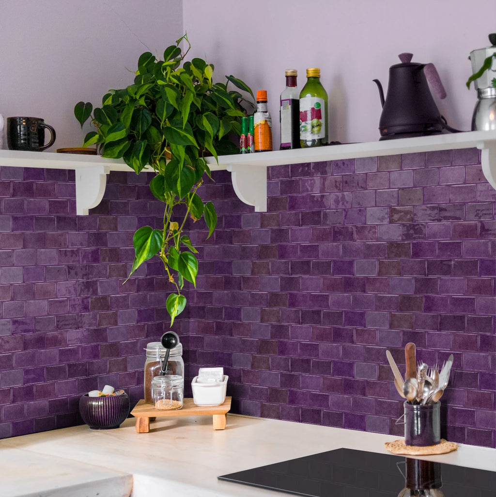 Ceramic tile sticker strip in purple stone texture on kitchen wall