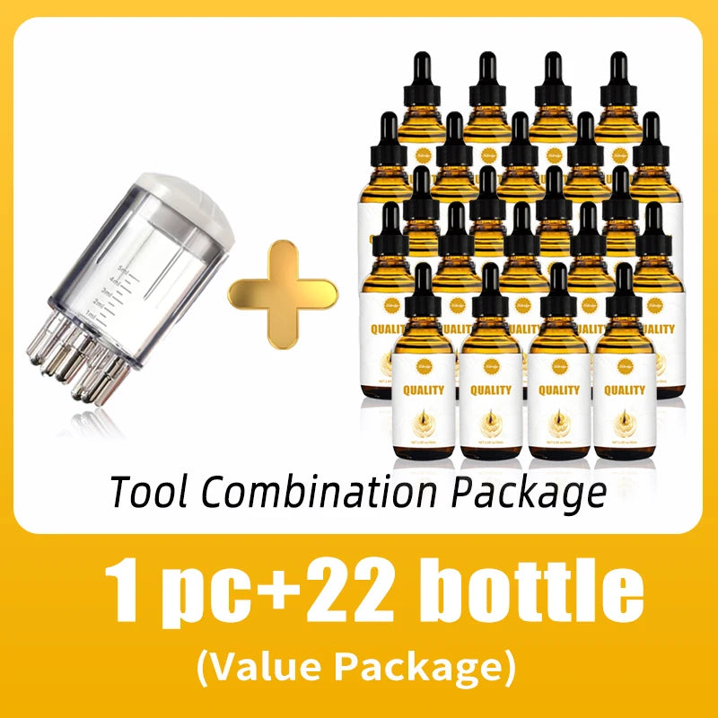 Scalp applicator liquid comb for hair loss care with 22 dropper bottles, portable massager tool kit in white.