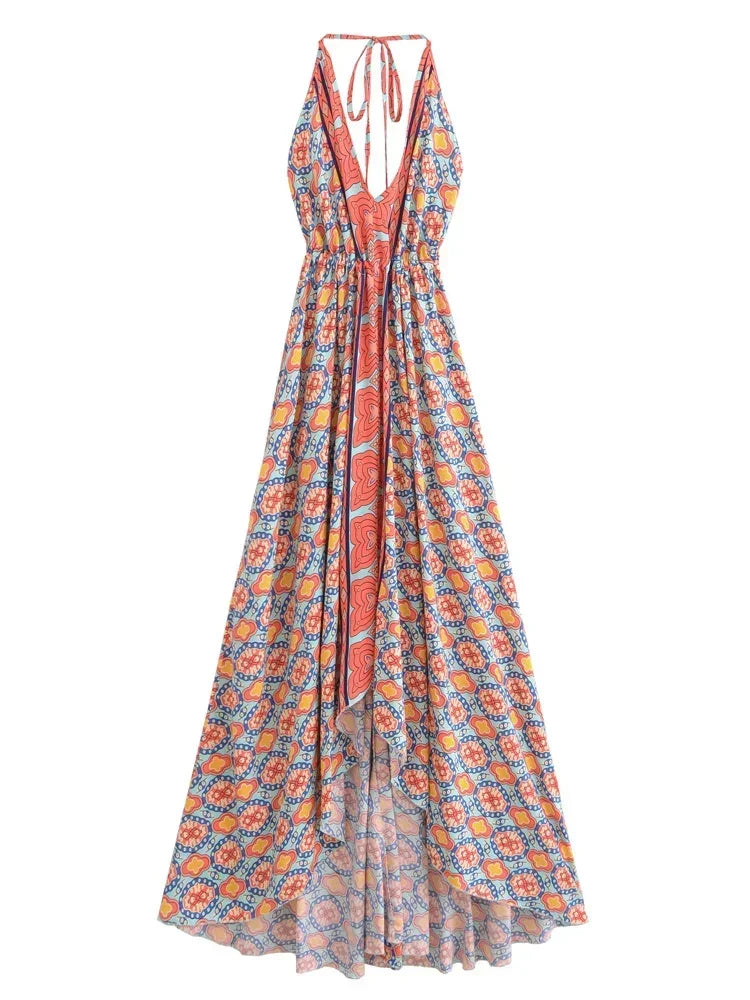 Vintage Women Geometric Print Backless Sexy Beach Bohemian Maxi Dress Lady High-Low Tassel Strapless Vacation Summer Boho Dress