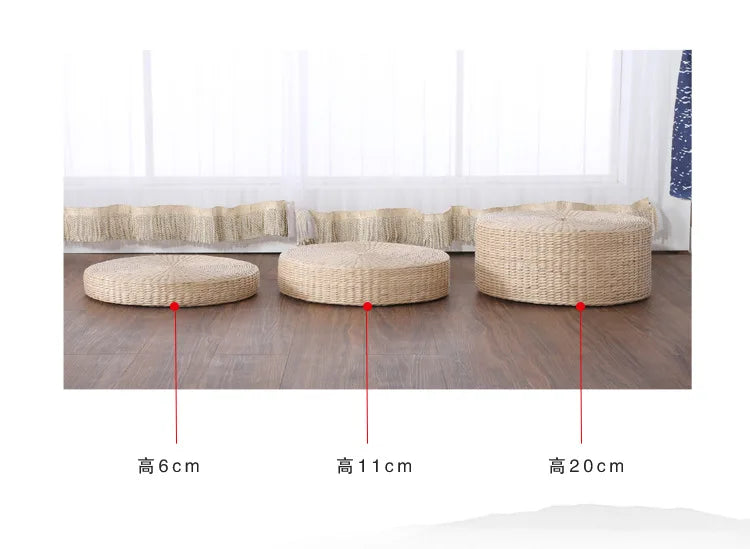 Round Woven Rush Cushion Meditation Zafu Yoga Mat for Floor Tatami Kneeling Tea Ceremony Zen Window Seat
