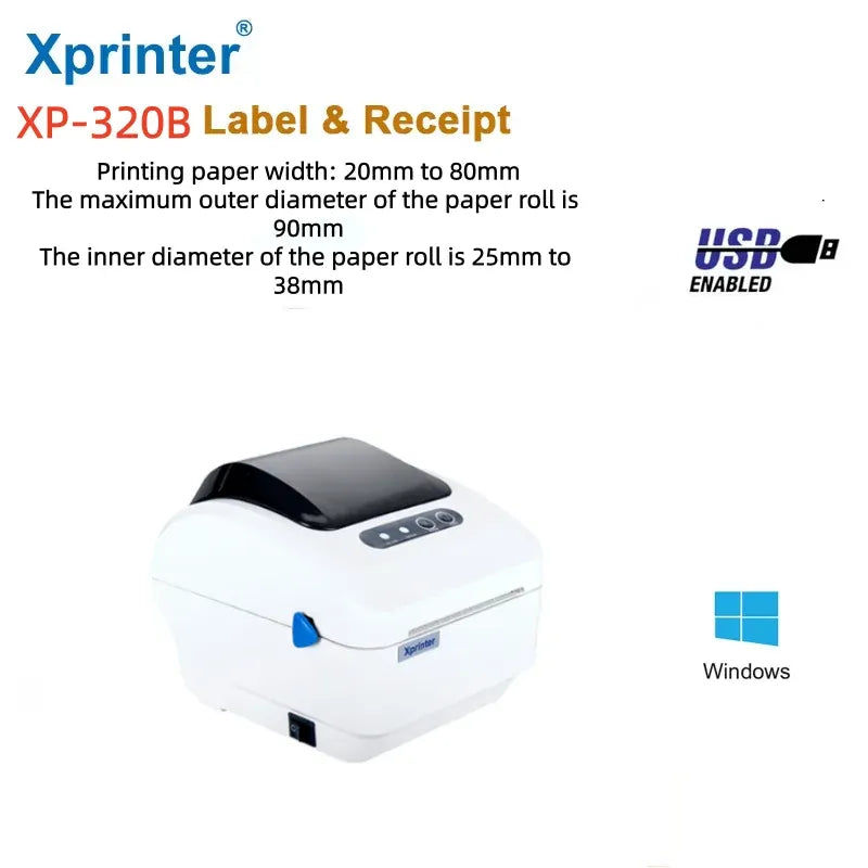 Xprinter XP-320B white thermal label printer, USB enabled