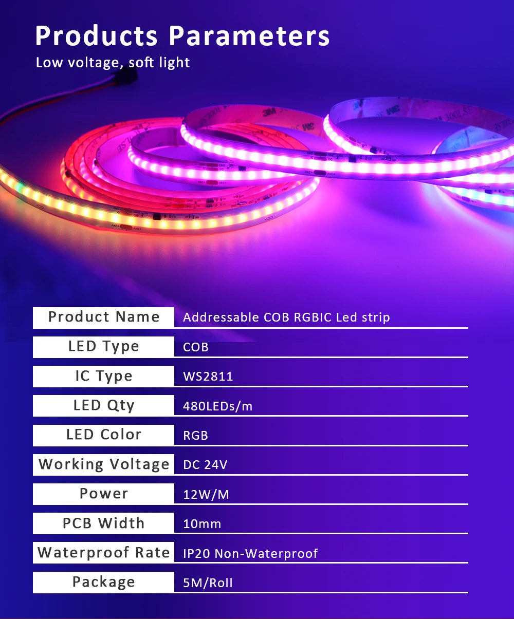 5M 10M 15M 20M Wifi RGBIC LED Strip Light 24V COB WS2811 Pixel Flexible Ribbon FairyNest APP IR Remote Alexa Voice Control Lamp