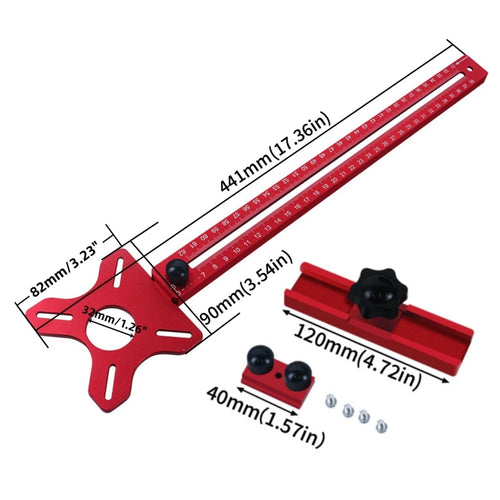 Red router circle cutting jig kit with ruler bar, guide plate, screws and knobs