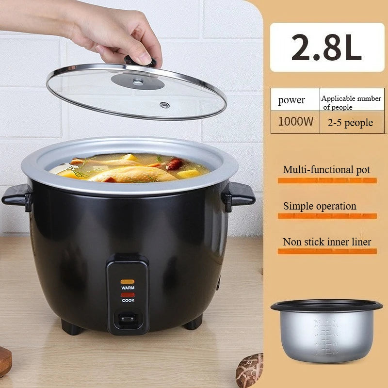 2.8L mini rice cooker with glass lid, black body, and warm/cook control panel