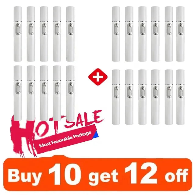 Twenty-two slim, white refillable perfume atomizer pens with silver spray nozzles and push-buttons for portable scent.