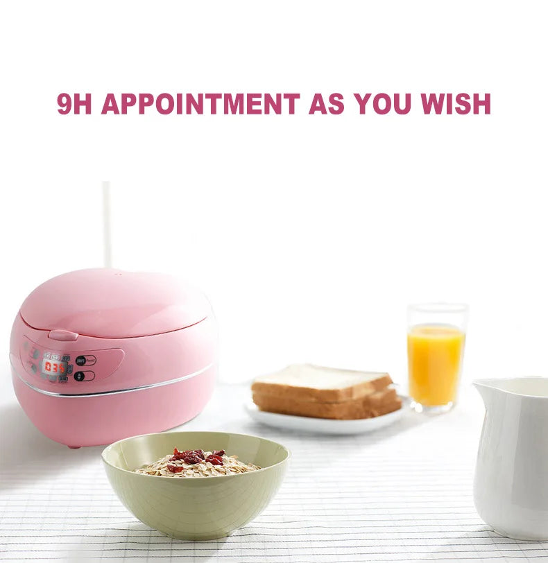 Pink 1.8L rice cooker on counter with food bowl beside it