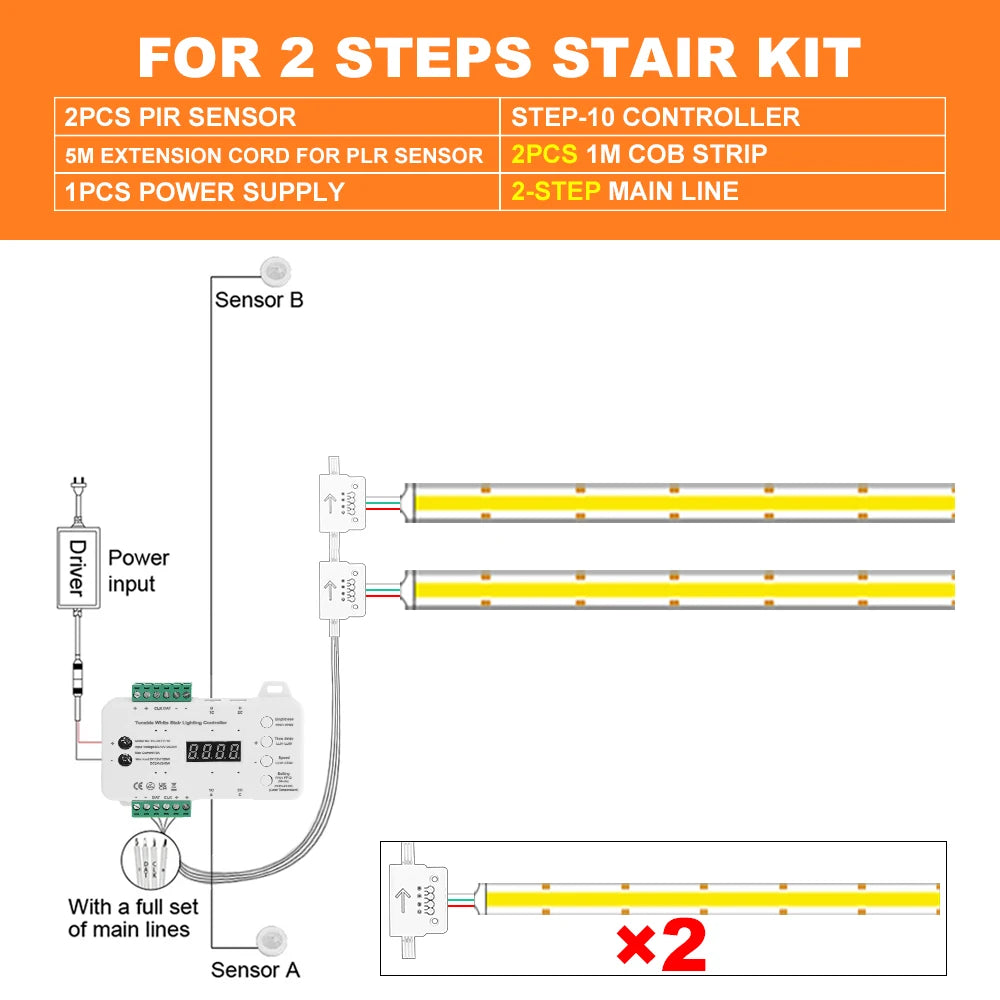 Dimmable LED stair light kit with motion sensors, wiring diagram for 2 steps