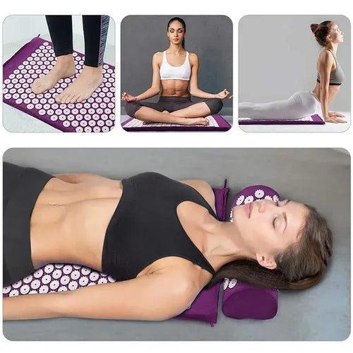 Acupressure mat and pillow set for back pain relief, smart yoga mat design for muscle relaxation and acupuncture therapy.
