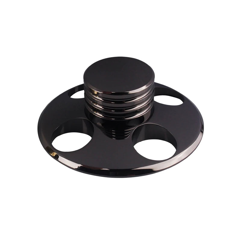 Black LP record weight clamp with base cutouts, stacked stainless design