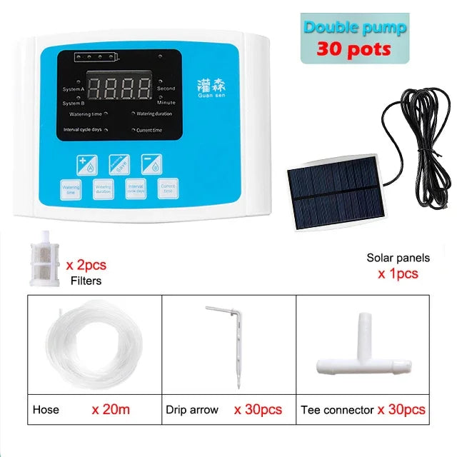 Solar drip irrigation controller kit with blue display, double-pump timer, solar panel, hose kit