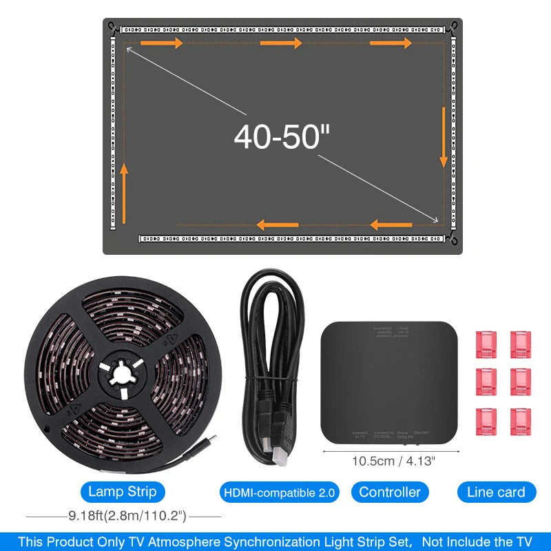 LED TV backlight sync kit for 40-50 in: black strip roll, controller box, HDMI cable