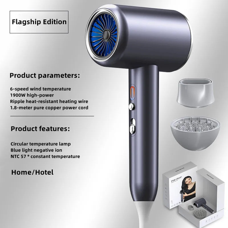 Grey high-speed ionic hair dryer with blue light, attachments, and 2400W power for salon-quality home drying.