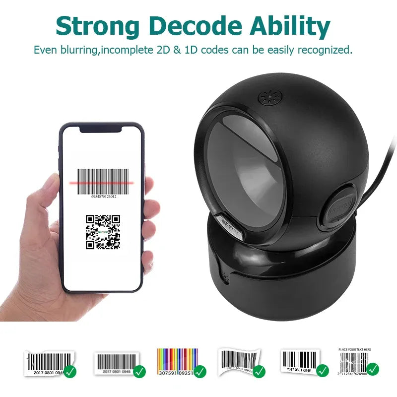 Black desktop barcode scanner showing 1D and QR scanning capability with illuminated lens