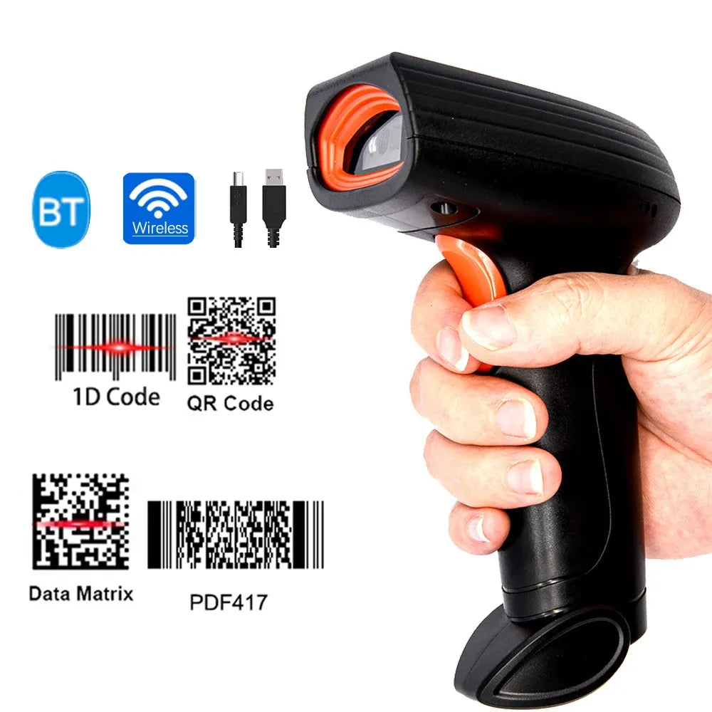 Handheld QR Code Scanner 1D 2D Wired Barcode Scanner or Wireless Bar code Scanner or Bluetooth Code Reader for PDF417 DataMatrix