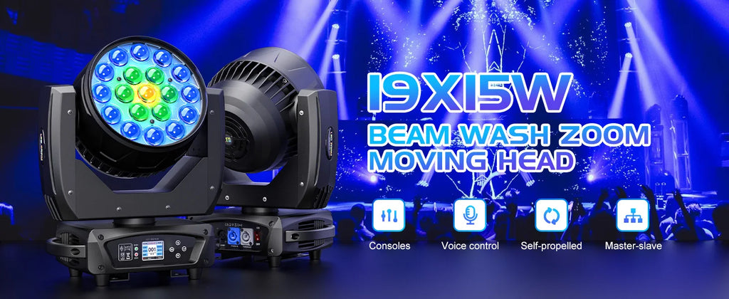 2PCS 19x15W Beam Moving Head Light RGBW LED Lighting Zoom Wash Lights DMX Stage Effect Lighting for Disco Party Concert Theater
