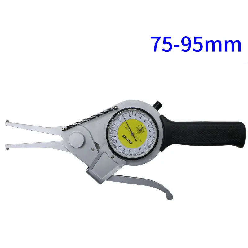 Dial internal caliper snap gauge, 75-95mm range, gray body, black rubber grip