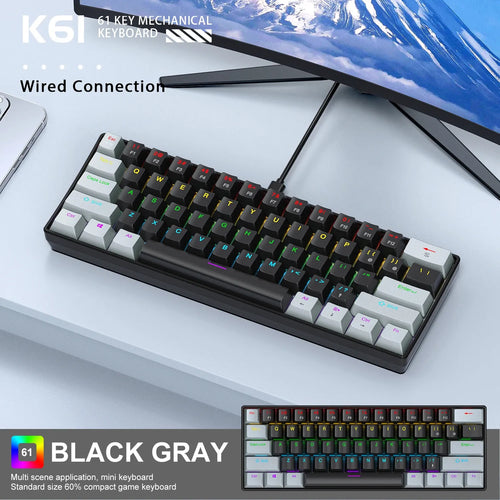 APAYADO K61 60% wired mechanical keyboard in black and gray with RGB lighting and 61 keys.