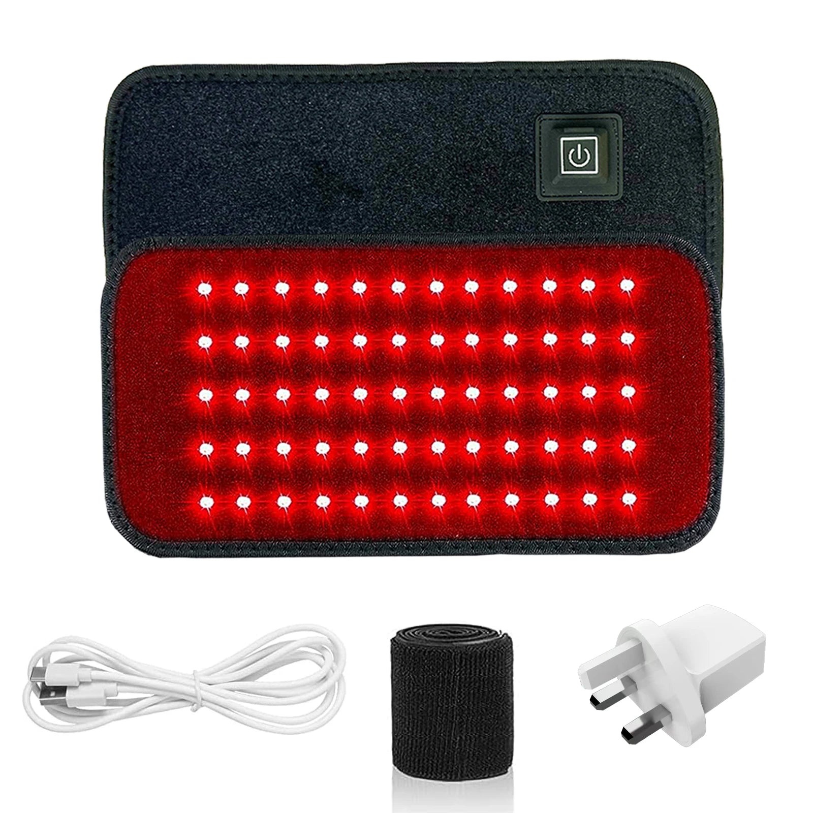 Red and infrared light therapy belt with 60 glowing LEDs, power button, USB cable, strap, and UK plug adapter.