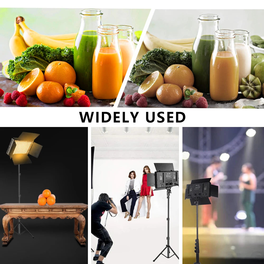 LED video light panel with barn doors and adjustable tripod stand for studio photography, product, and event lighting.