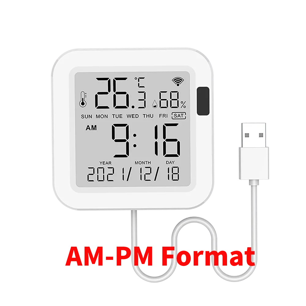 WiFi Temperature Humidity Sensor - Backlit Smart Climate Monitor AM-PM Format Tidesmit