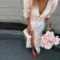 Printed Lace Patchwork Maxi Dress Women V-Neck Half Sleeve Single Breasted Lace Up Long Dresses 2026 Summer All-match Lady Robes