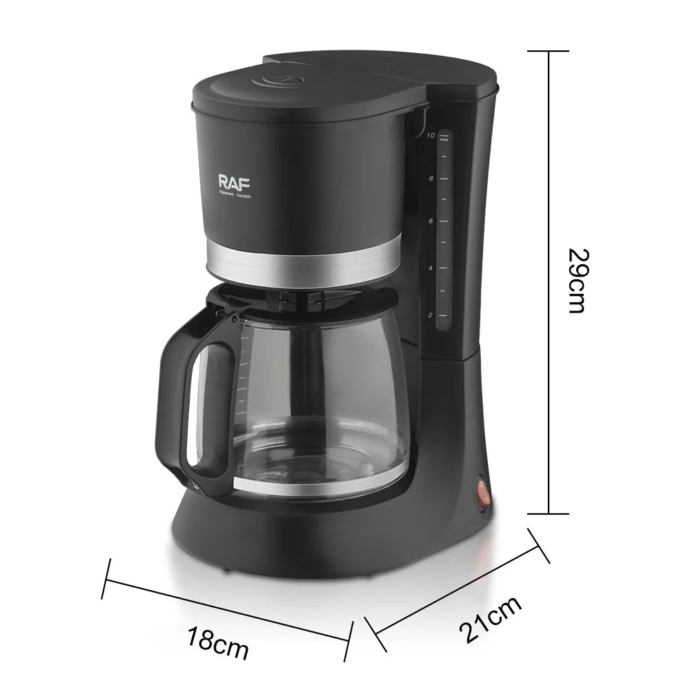 RAF black 10-cup drip coffee maker with glass carafe, 29cm height, 21cm depth, and 18cm width dimensions.
