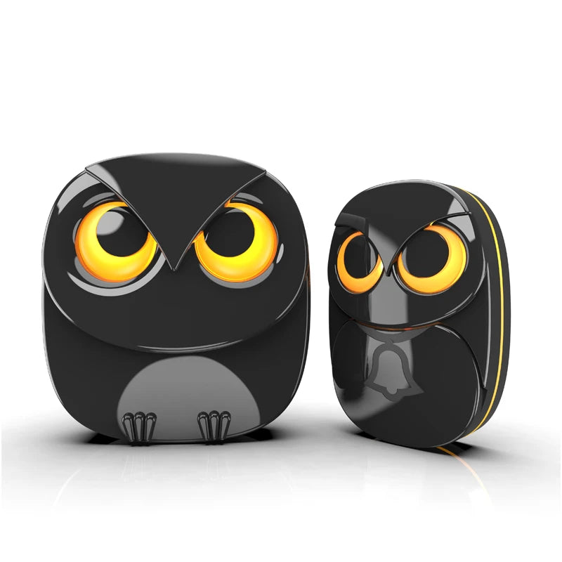 Wireless doorbell chime set with two black owl-style chime units, glowing yellow eyes