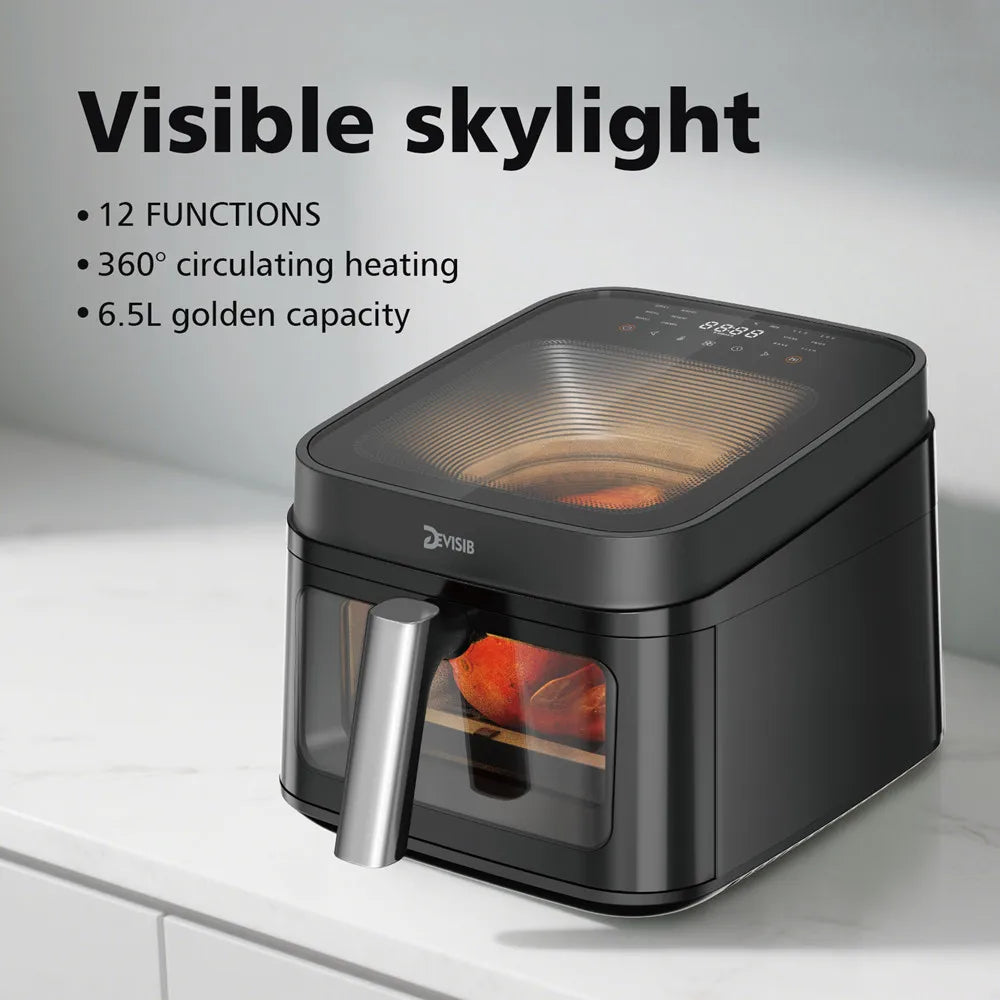 DEVISIB 12-in-1 Air Fryer with 2 Viewing Windows, 6.5L Family Capacity fits 4kg of Wings, Digital Controls, Dishwasher Safe