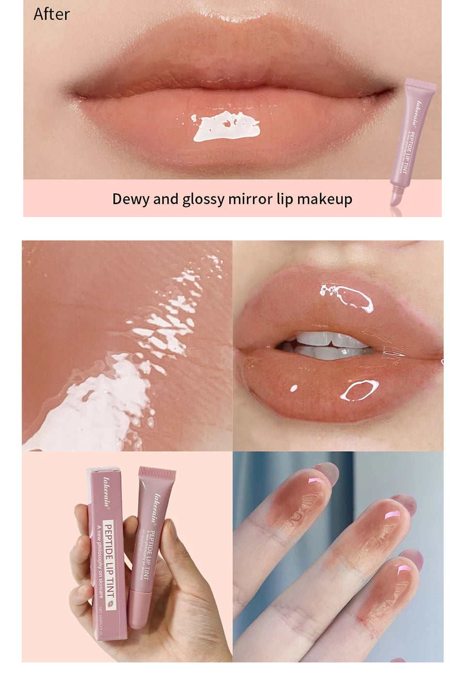 Nude hydrating lip gloss with high-shine glass finish, plumping texture, and dewy mirror-effect lip makeup.